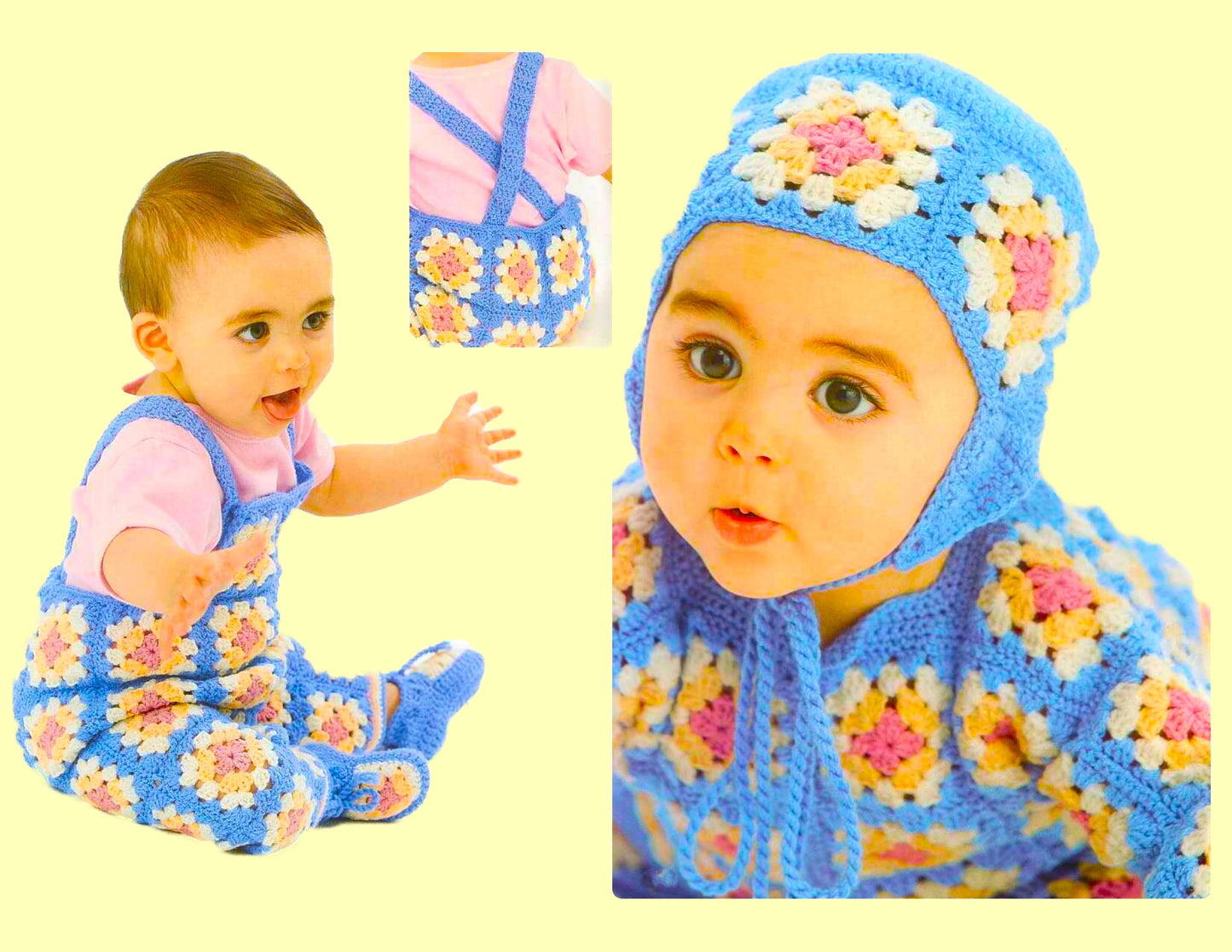 Vintage Crochet Pattern Baby Granny Square Complete Layette 9 Pieces PDF Instant Digital Download Scrap Yarn 3 6 12 Months 5 Ply