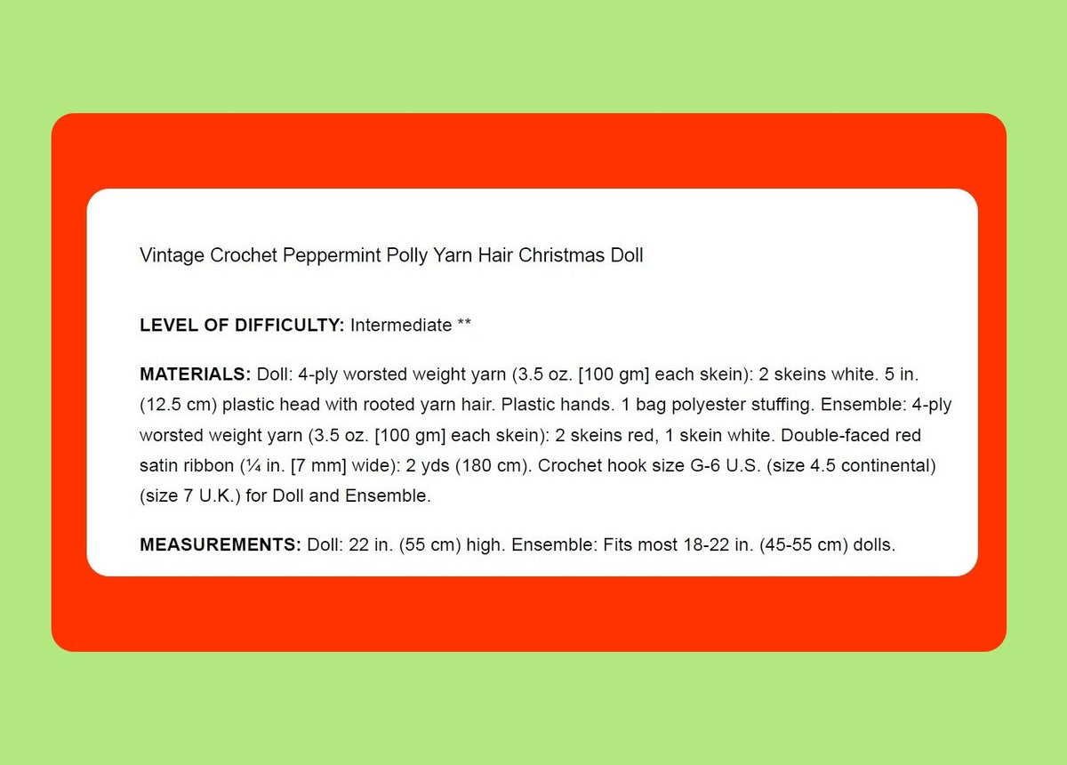 Vintage Christmas Crochet Pattern 22" Peppermint Polly Large Yarn Head Doll PDF Instant Digital Download