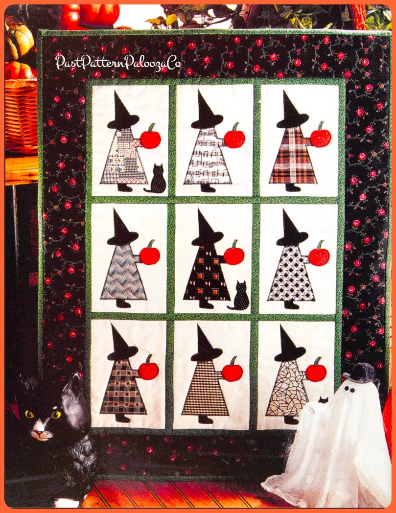 Vintage Halloween Sewing Pattern Sunbonnet Sue Witches Quilt PDF Instant Digital Download Lap Quilt or Wall Hanging Witch Black Cat Applique