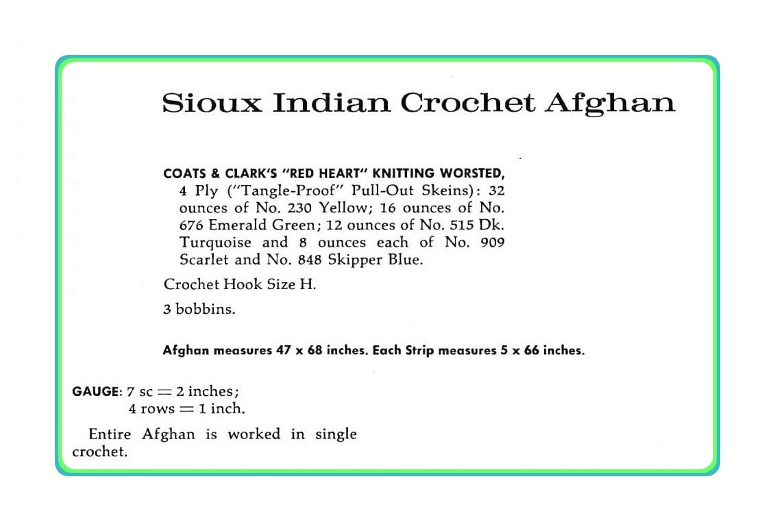 Vintage Crochet Sioux Indian Afghan Pattern PDF Instant Digital Download Native American Navajo Design 47x68 10 Ply