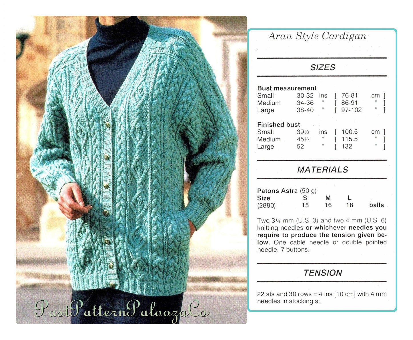 Vintage Knitting Pattern Womens Aran Style Cardigan V Neck Sweater PDF Instant Digital Download Diamonds and Cables 5 Ply