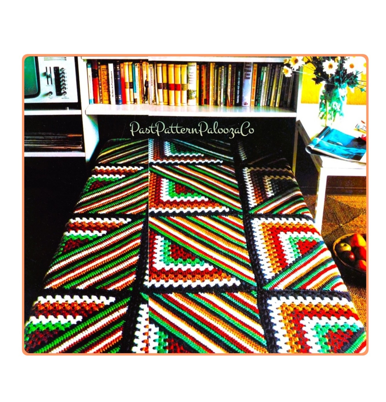 Vintage Crochet Pattern Geometric Grannies and Stripes Afghan PDF Instant Digital Download Striped Scrap Basket Granny Squares Blanket
