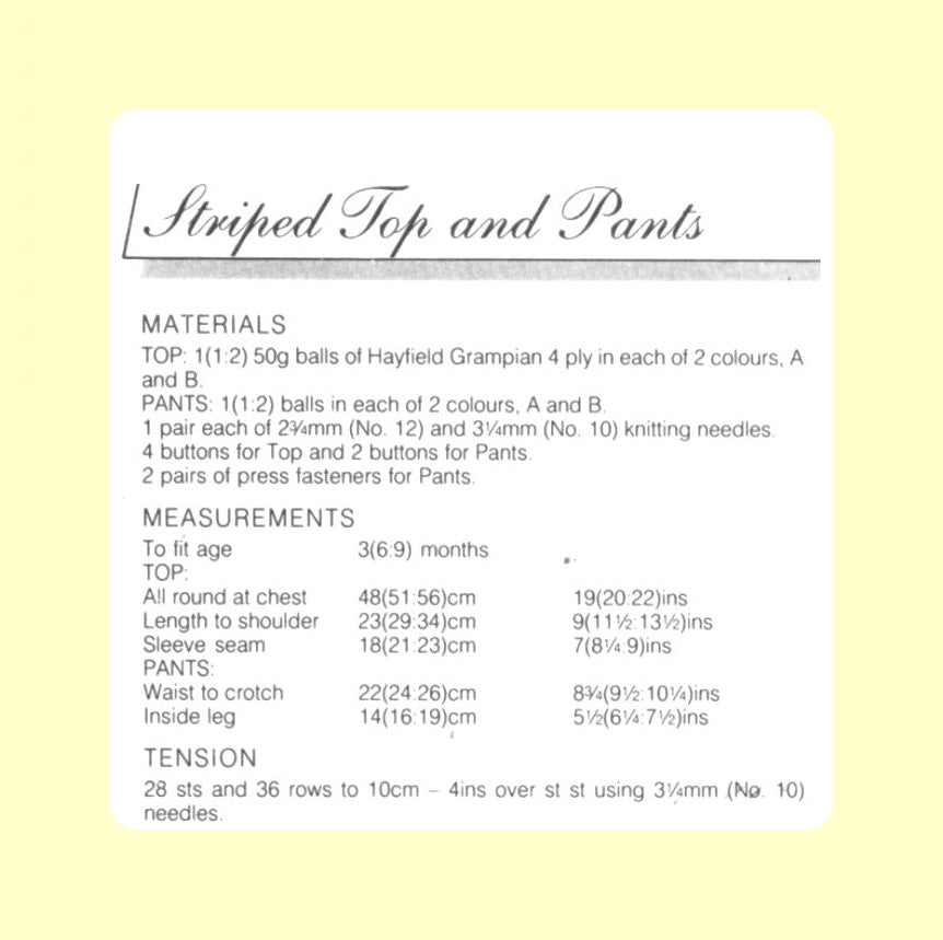 Vintage Knitting Pattern Baby Classic Striped Top Pants Beret Hat Set PDF Instant Digital Download 3m 6m 9m 4 Ply