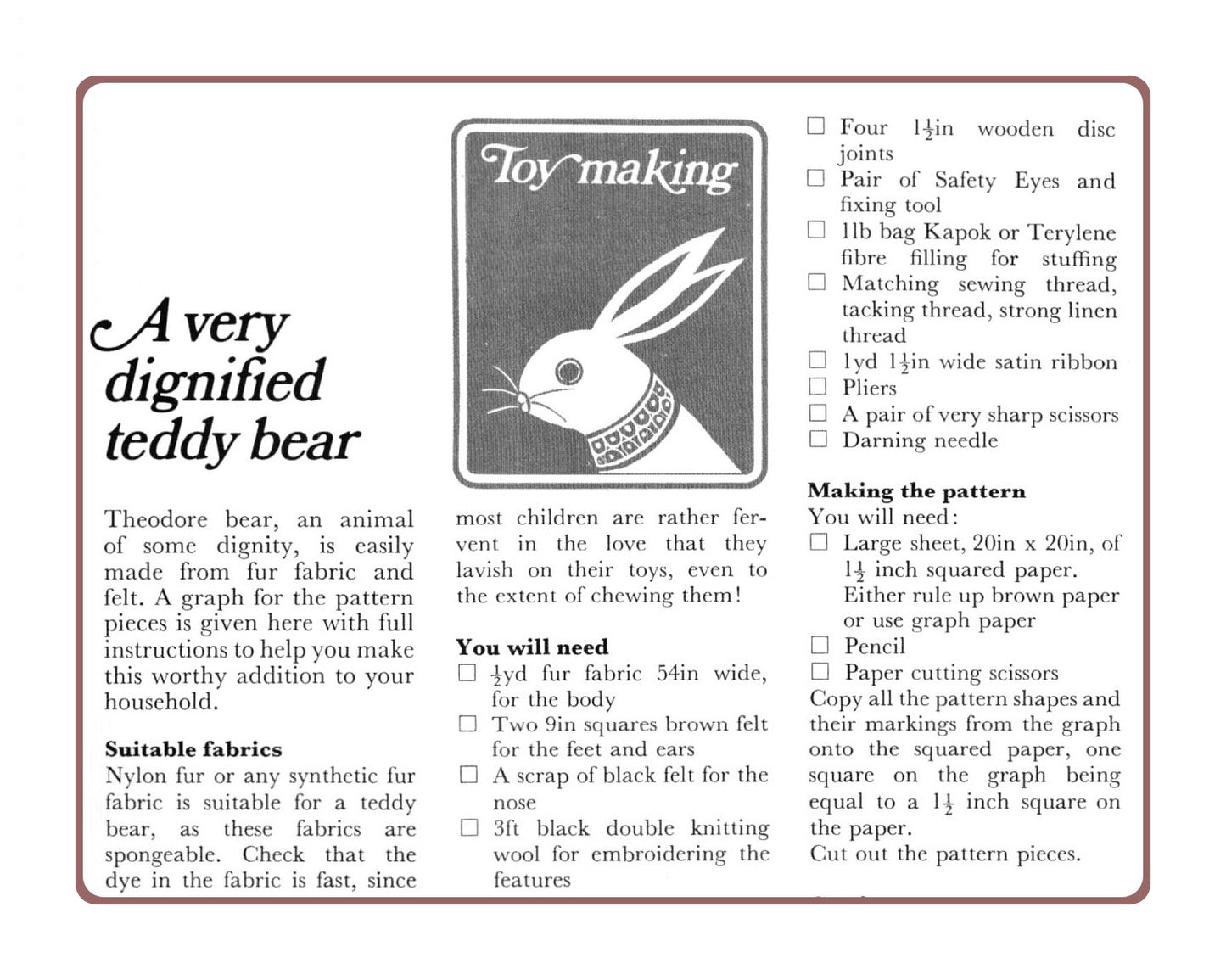 Vintage Sewing Pattern 16" Classic Teddy Bear Plush Fur Fabric PDF Instant Digital Download Soft Jointed Poseable Stuffed Toy Bear