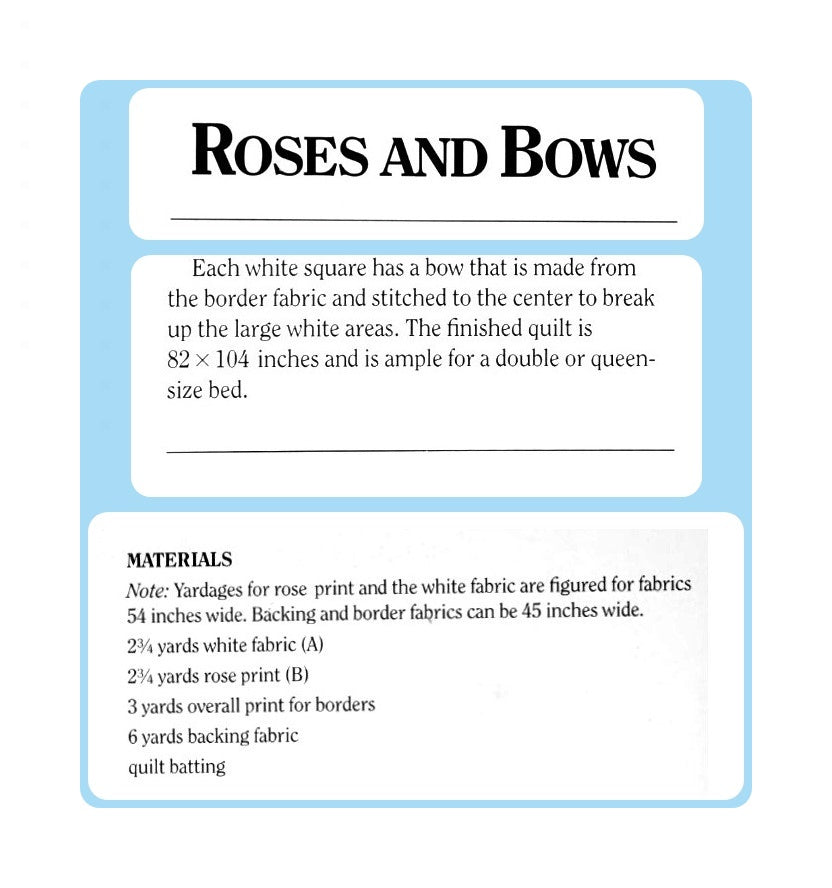 Vintage Sewing Pattern Romantic Roses & Bows Bed Quilt PDF Instant Digital Download Floral Diamond Squares Double Queen 82x104