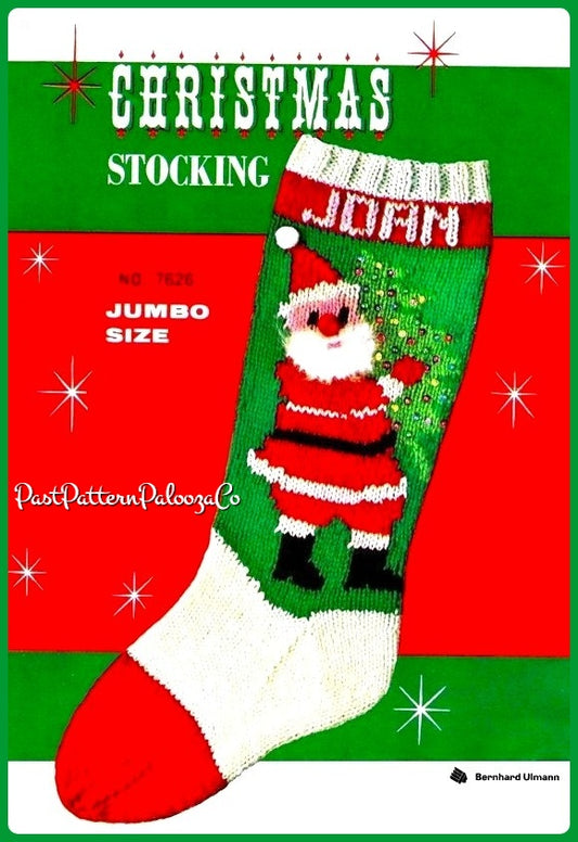 Vintage Santa Carrying Tree Christmas Stocking Knitting Pattern PDF Instant Digital Download Nostalgic Retro Jumbo Size Holiday Sock 1950s
