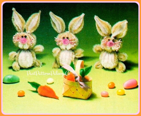 Vintage Chenille Easter Bunnies with Carrot Pipe Cleaner Craft Pattern PDF Instant Digital Download Bunny Rabbit Bump Chenilles