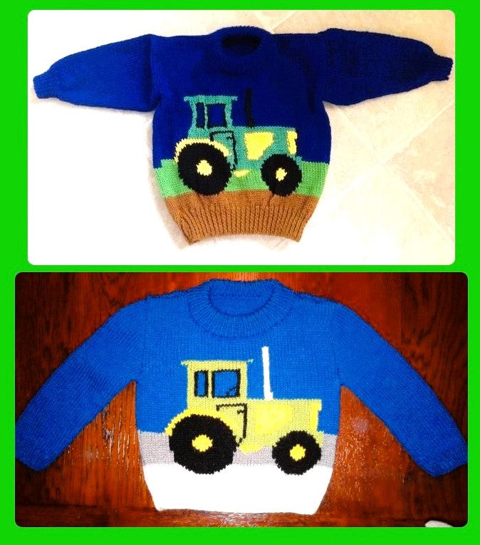 Vintage Knitting Pattern Knit Kids Boys Tractor Sweater PDF Instant Digital Download Toddler to Big Boy Yellow Green Farm Pullover 2-8 yrs