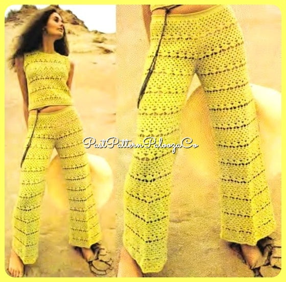 Vintage Crochet Pattern Groovy Lace Trouser Suit Patio Set Pantsuit PDF Instant Digital Download 70s Boho Shells Pants Summer Top Outfit