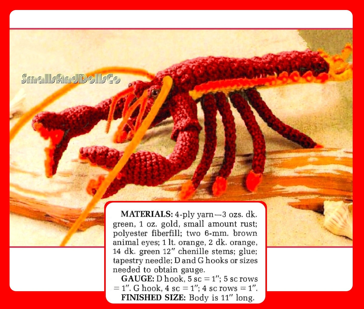 Vintage Crochet Pattern 11" Lobster Soft Toy PDF Instant Digital Download Sea Shell Seashell Sea Life Crustacean Amigurumi