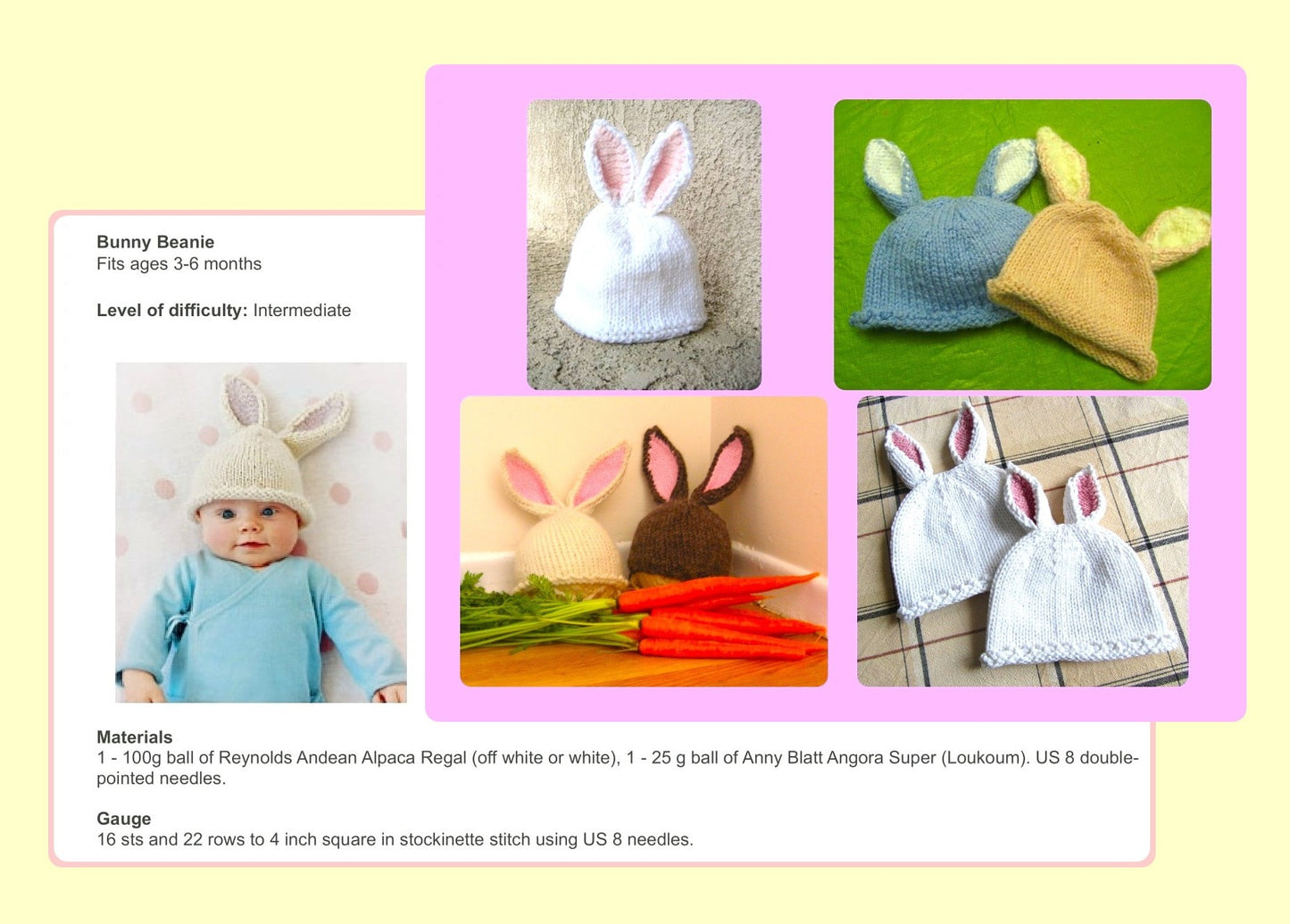 Vintage Knitting Pattern Baby Bunny Ears Beanie Cap Rabbit Hat PDF Instant Digital Download Stockinette Stocking Stitch 3-6m