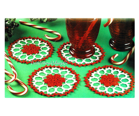 Vintage Crochet Pattern 5" Christmas Peppermint Candy Flower Coasters PDF Instant Digital Download Holiday Bar Table Decor Cotton Thread