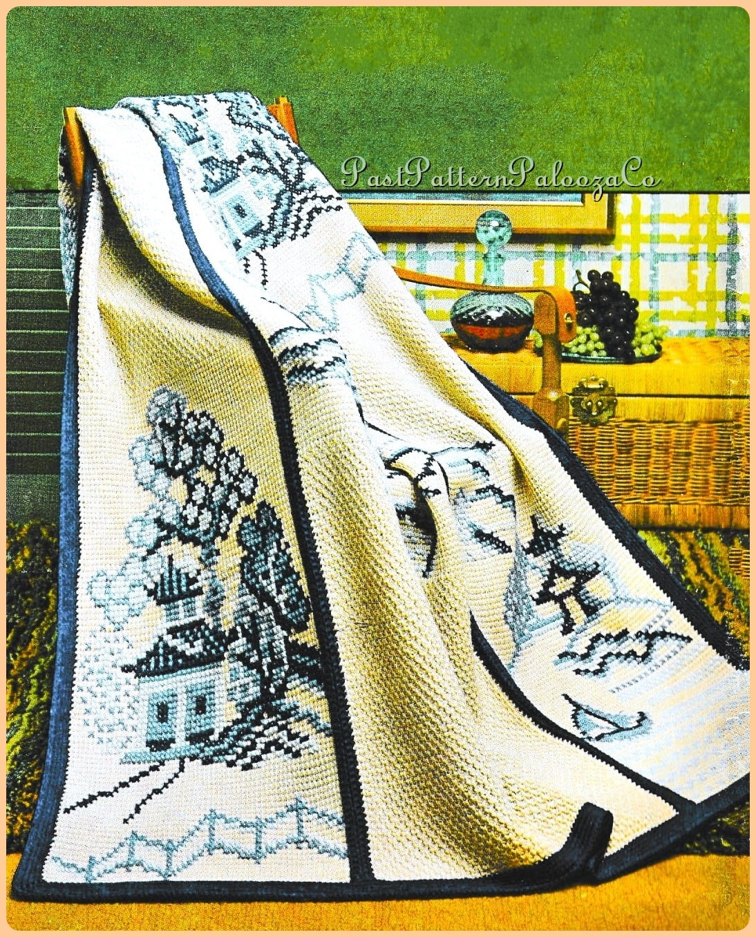 Vintage Crochet Afghan Pattern Blue Willow China Tunisian Stitch PDF Instant Digital Download Cross Stitched Ancient Chinese Scenery Motifs