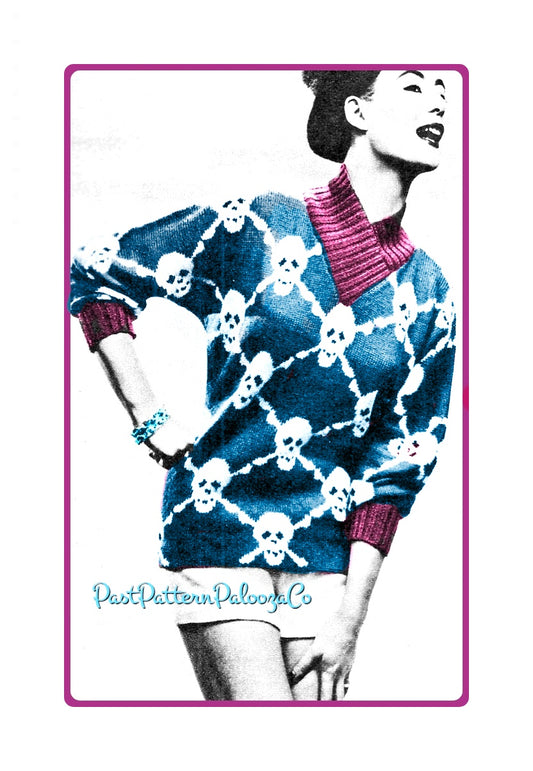 Vintage Knitting Pattern Womens Skull Crossbones Sweater Jolly Roger Pirate Motif Jumper PDF Instant Digital Download Pullover DK