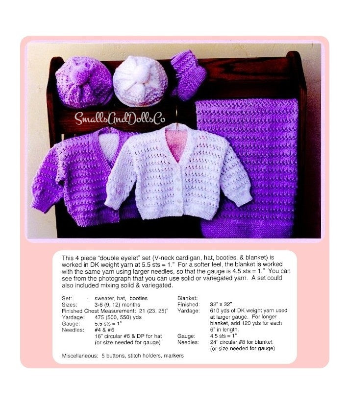 Vintage Knitting Pattern Baby Double Eyelet Layette 4 Piece Set PDF Instant Digital Download 3-12 m DK