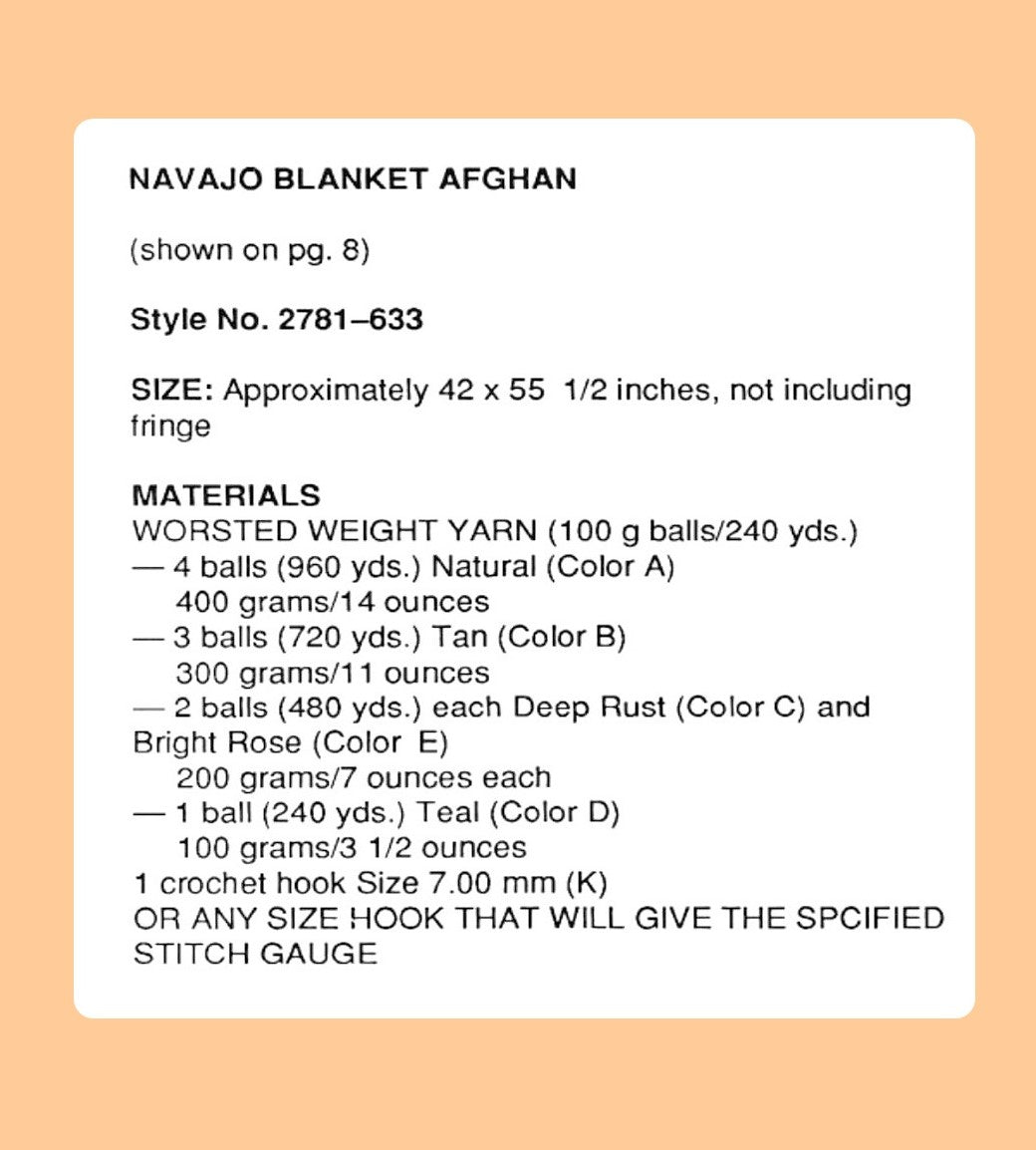 Vintage Crochet Afghan Pattern Striped Navajo Indian Blanket PDF Instant Digital Download Southwestern Throw 10 Ply