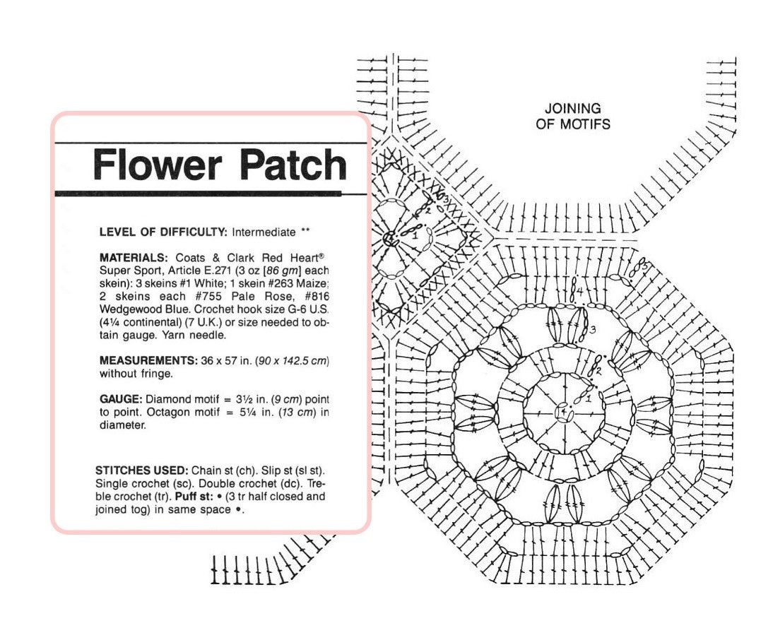 Vintage Crochet Pattern Octagon Grannies Flower Patch Afghan PDF Instant Digital Download Blanket Throw Puff Stitch Petals 10 Ply
