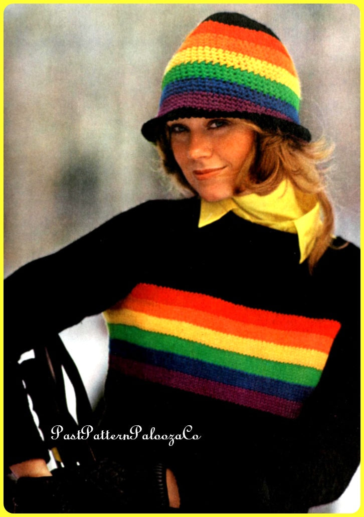 Vintage Knitting Pattern Womens Retro Rainbow Stripe Pullover Sweater and Crochet Cloche Hat Set PDF Instant Digital Download Boho 70s Chic