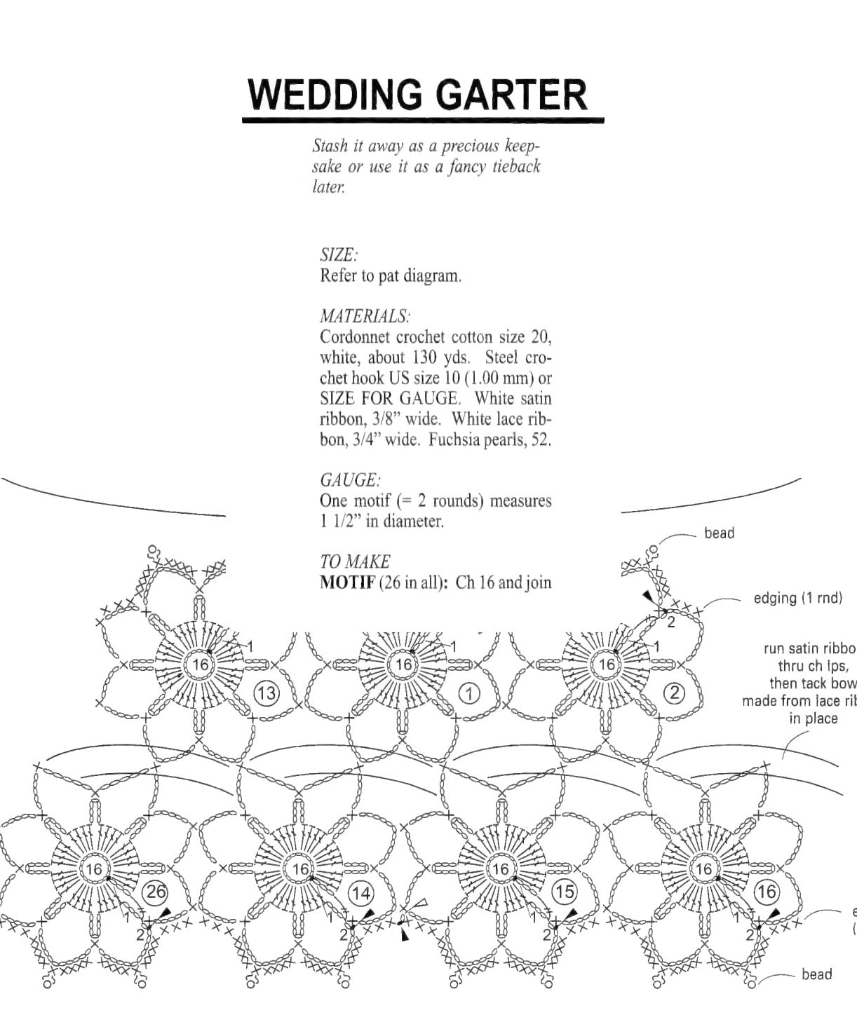 Vintage Crochet Pattern Womens Bridal Garter Band PDF Instant Digital Download Pretty Flower Motif Beaded Lace Ribbons Wedding Keepsake