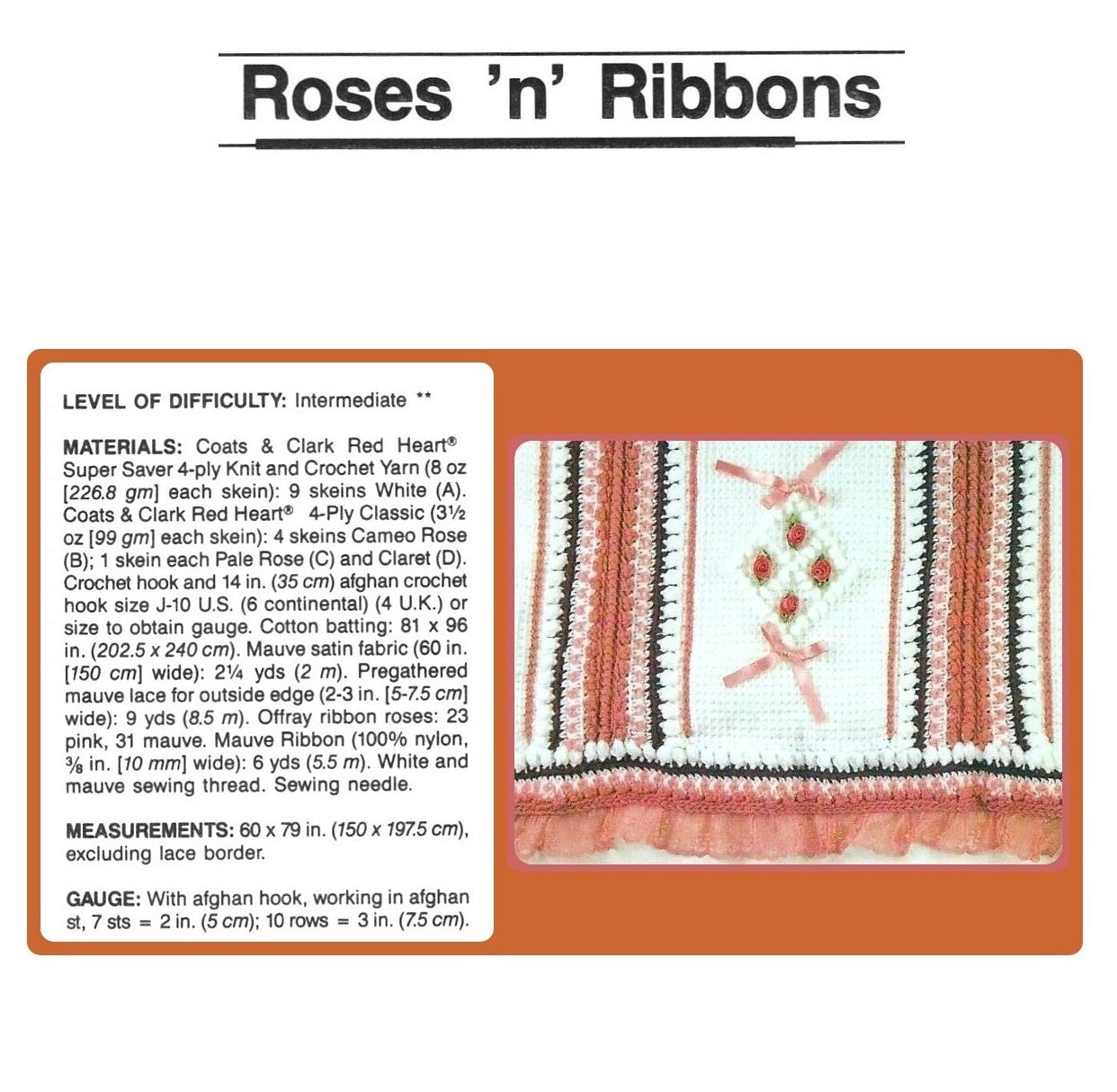 Vintage Crochet Afghan Pattern Roses & Ribbons Tunisian Stitch PDF Instant Digital Download Feminine Bed Throw Aran Yarn 60x79