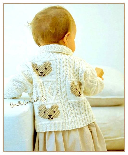 Vintage Knitting Pattern Baby Teddy Bear Squares Cardigan Sweater PDF Instant Digital Download Moss Stitch Cable Block Jacket 6-18m 5 Ply