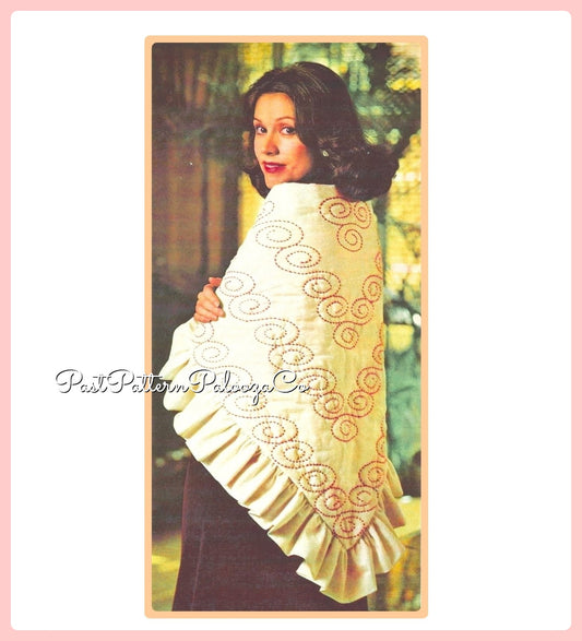 Vintage Sewing Pattern Womens Romantic Quilted Ruffled Shawl PDF Instant Digital Download Retro 70s Flirty Swirl Motifs Triangular Wrap