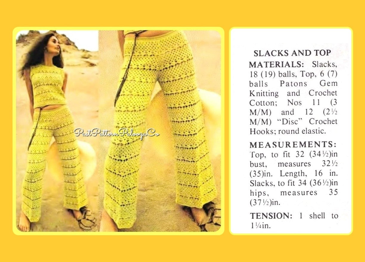 Vintage Crochet Pattern Groovy Lace Trouser Suit Patio Set Pantsuit PDF Instant Digital Download 70s Boho Shells Pants Summer Top Outfit
