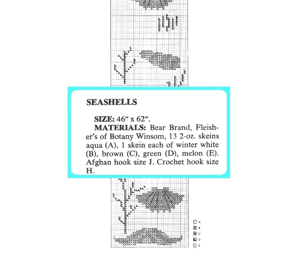 Vintage Crochet Afghan Pattern Seashells & Seaweed Blanket Tunisian Stitch PDF Instant Digital Download Shell Motif Beach Ocean Design