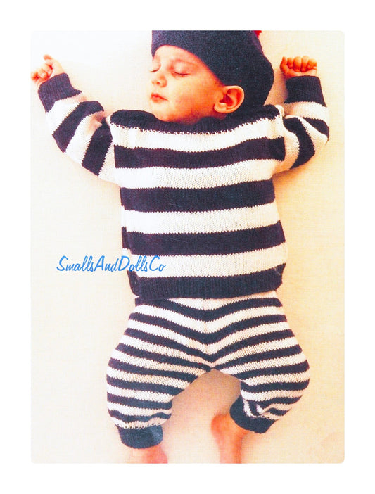 Vintage Knitting Pattern Baby Classic Striped Top Pants Beret Hat Set PDF Instant Digital Download 3m 6m 9m 4 Ply