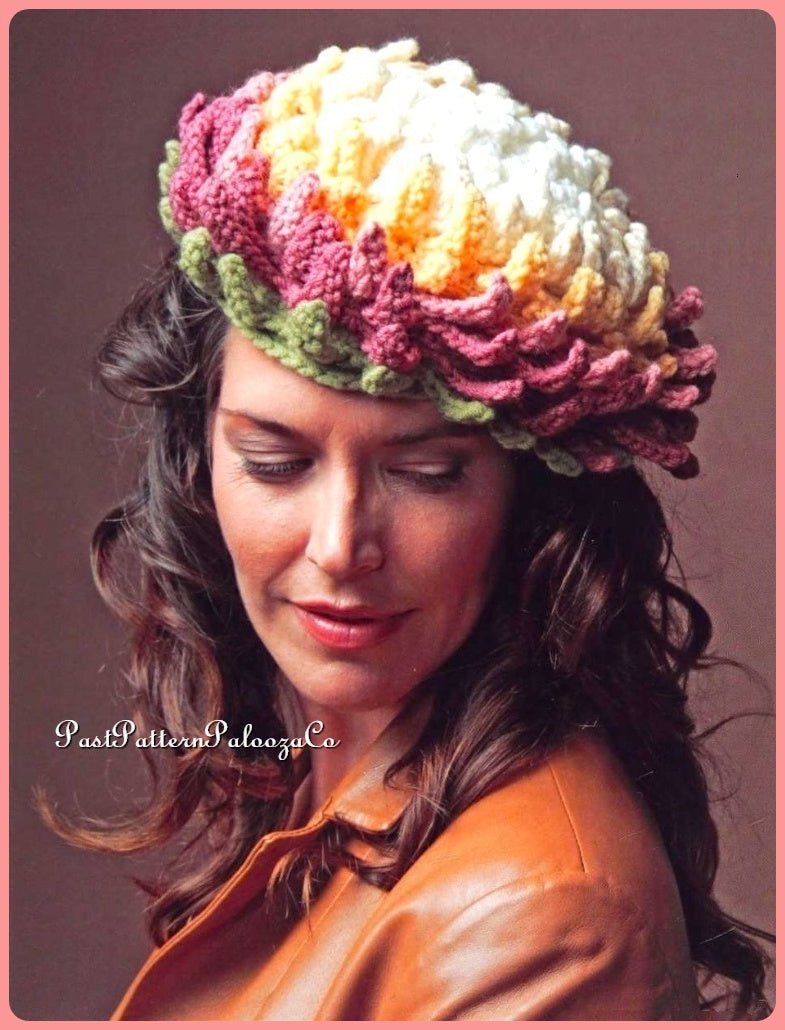Vintage Crochet Pattern Womens Blooming Blossom Flower Beret Hat PDF Instant Digital Download Fun Novelty Full Bloom Chrysanthemum Tam