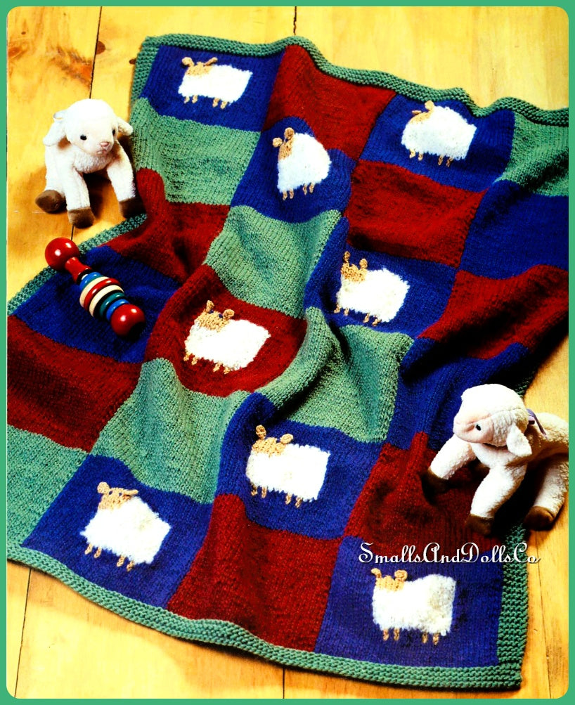Vintage Knitting Pattern Little Lambs Baby Afghan Baa Baa Blanket PDF Instant Digital Download Sleepy Sheep Squares DK