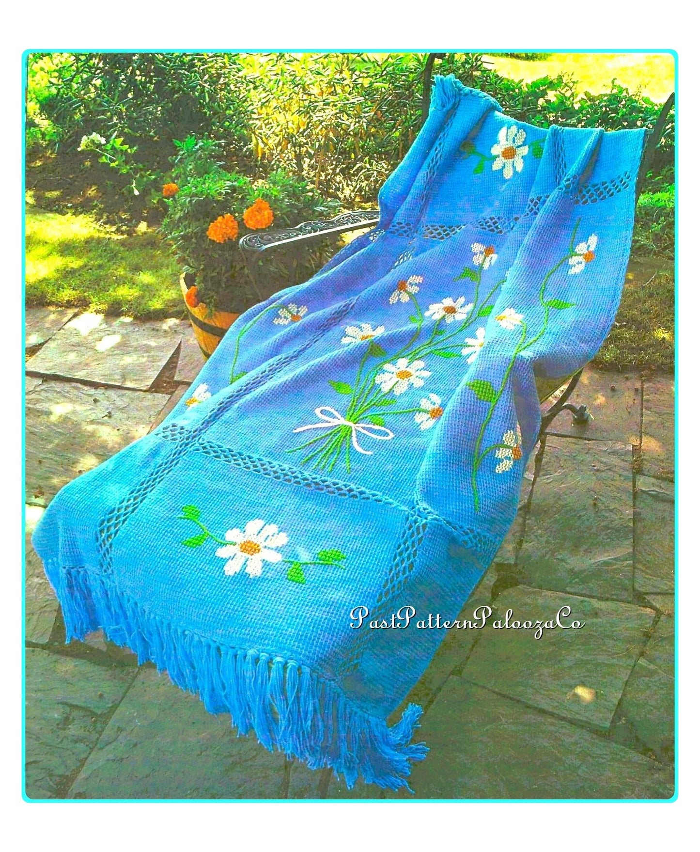 Vintage Crochet Afghan Pattern Daisies Flowers Blanket Tunisian Stitch PDF Instant Digital Download Embroidered Floral Motif Design