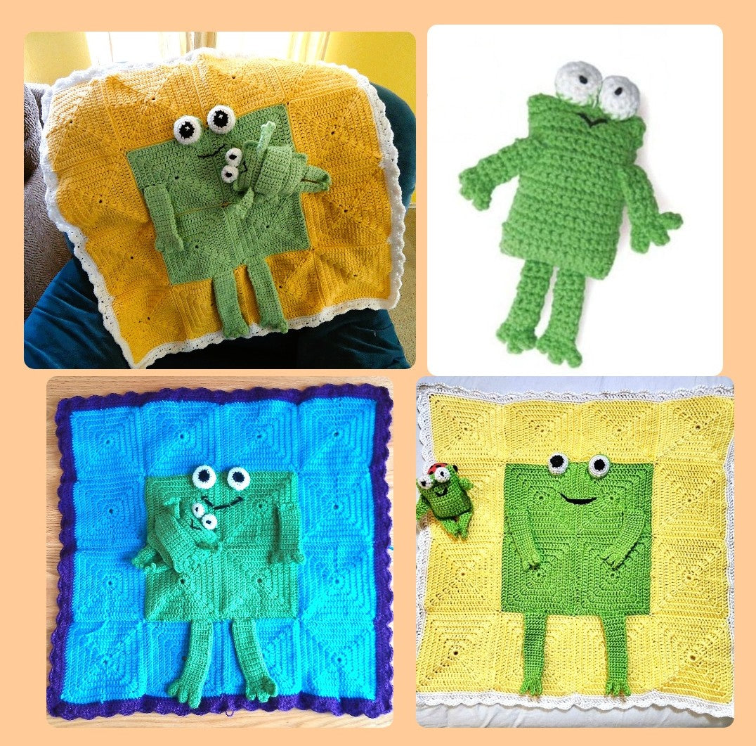 Vintage Crochet Square Frog Afghan Pattern Kids Childs Baby Blanket PDF Instant Digital Download Froggie Amigurumi Granny Squares 10 Ply