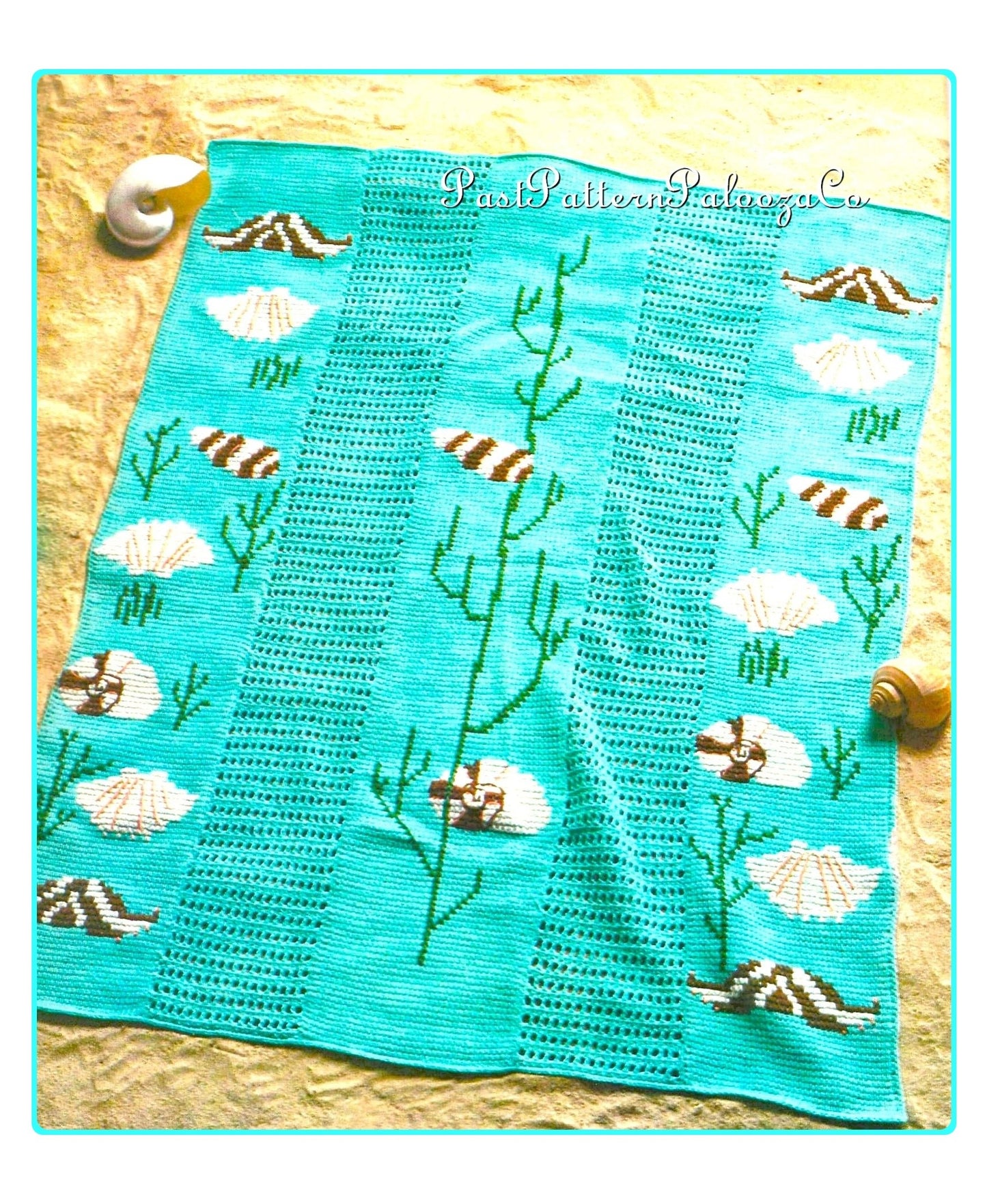 Vintage Crochet Afghan Pattern Seashells & Seaweed Blanket Tunisian Stitch PDF Instant Digital Download Shell Motif Beach Ocean Design