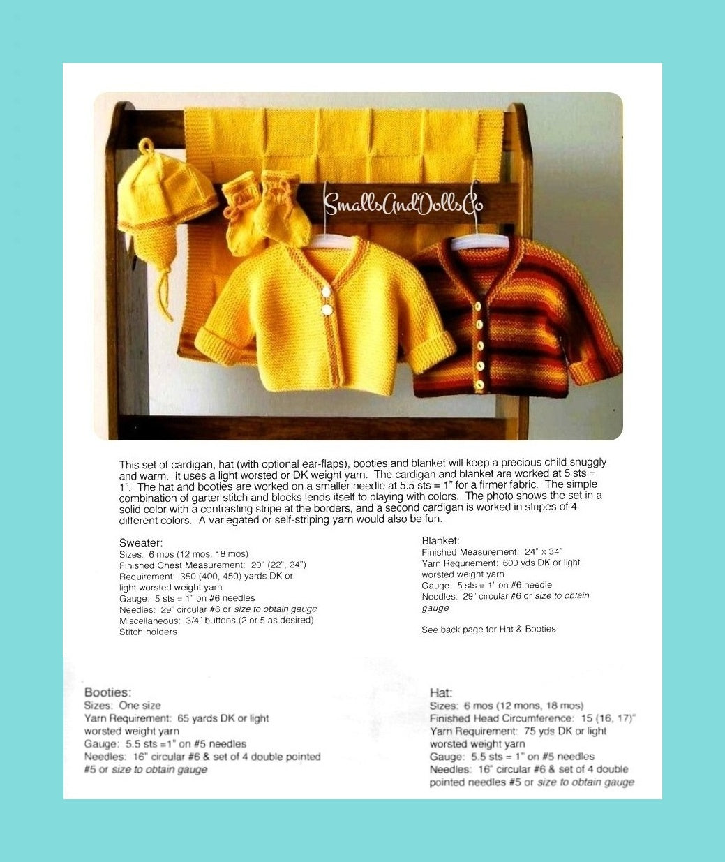 Vintage Knitting Pattern Classic Garter Stitch Baby Layette 4 Piece Set PDF Instant Digital Download 6-18 m DK