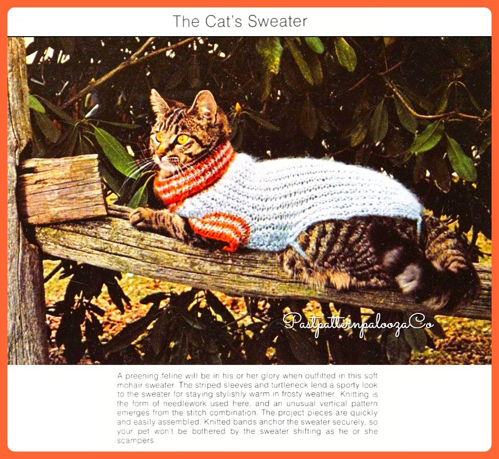 Vintage Knitting Pattern Sporty Knit Turtleneck Cat Sweater PDF Instant Download Small Striped Sleeves and Collar 10 Ply Mohair Blend