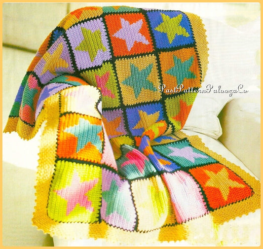 Vintage Crochet Afghan Pattern Colorful Star Squares PDF Instant Digital Download Baby Toddler Patchwork Like Throw Blanket 37x62 DK