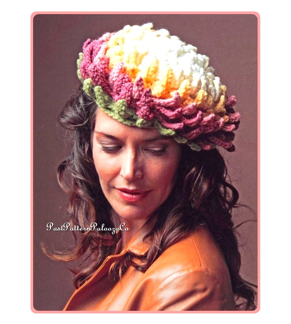 Vintage Crochet Pattern Womens Blooming Blossom Flower Beret Hat PDF Instant Digital Download Fun Novelty Full Bloom Chrysanthemum Tam