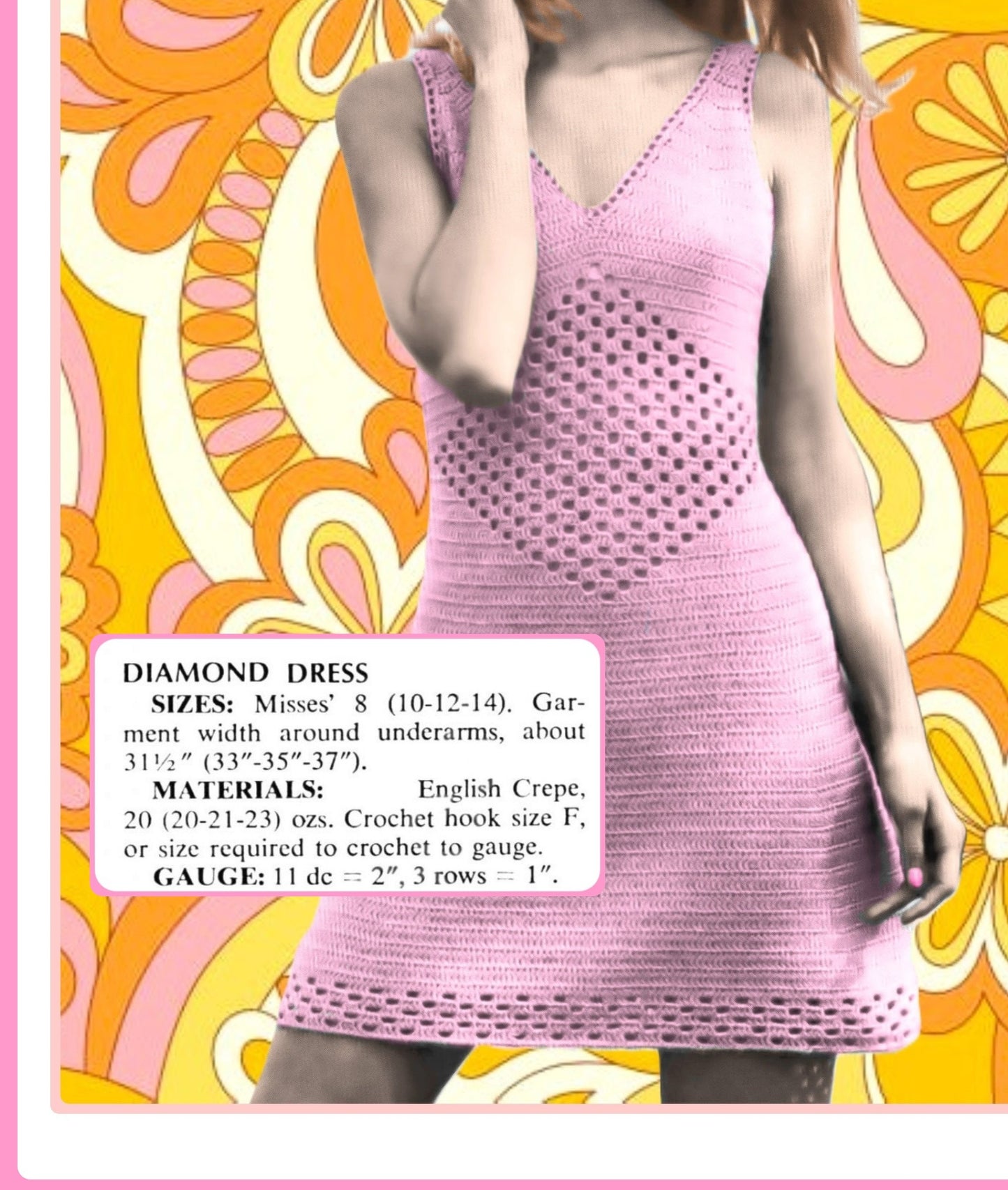 Vintage Crochet Pattern Retro Womens Diamond Eyelet Mini Dress PDF Instant Digital Download Sleeveless Summer V Neck 5 Ply