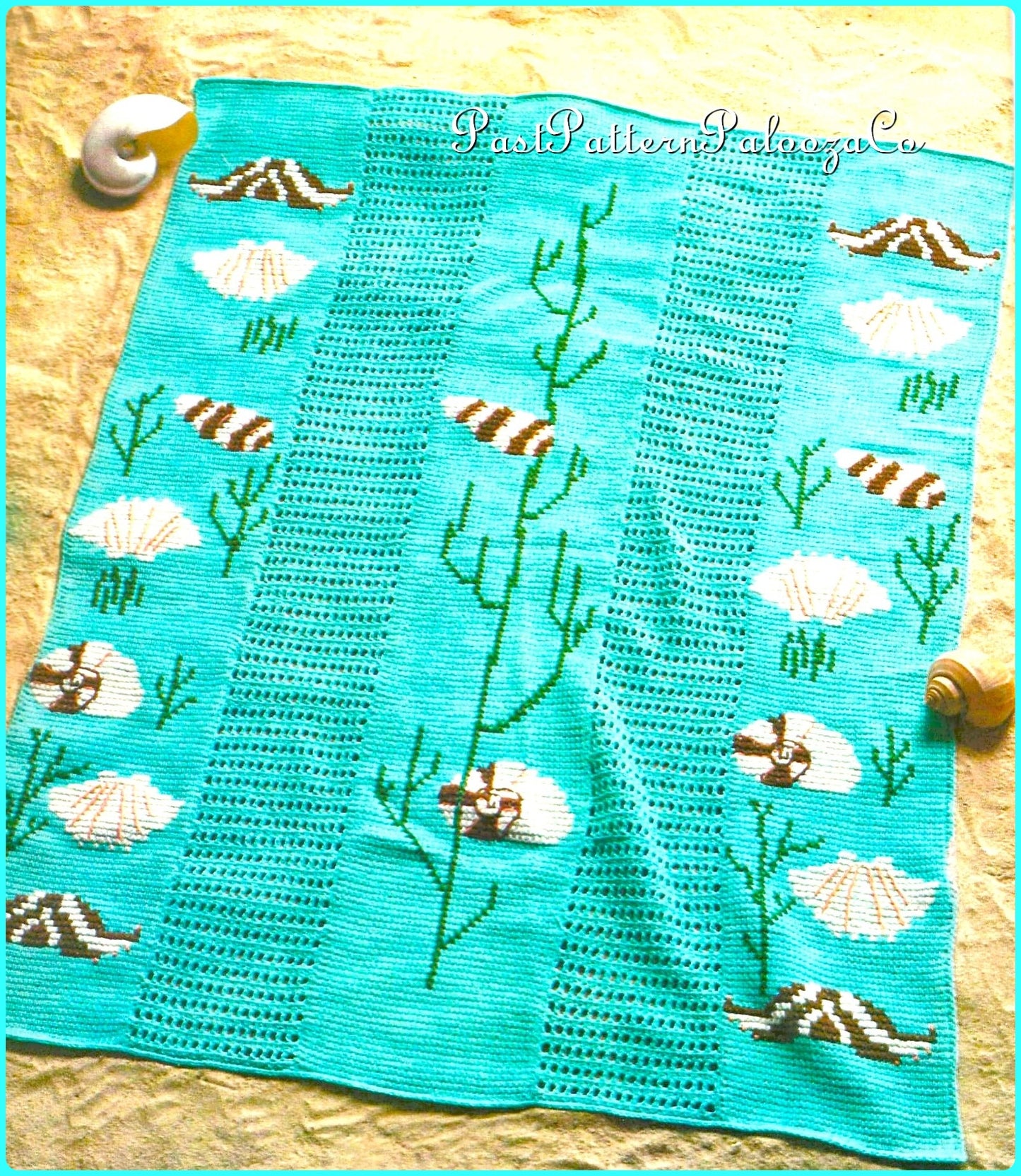 Vintage Crochet Afghan Pattern Seashells & Seaweed Blanket Tunisian Stitch PDF Instant Digital Download Shell Motif Beach Ocean Design