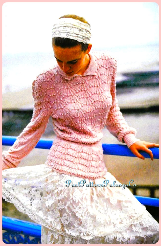 Vintage Knitting Pattern Womens Romantic Fan Bobble Sweater PDF Instant Digital Download Retro Ladies Feminine Collared Pullover Jumper