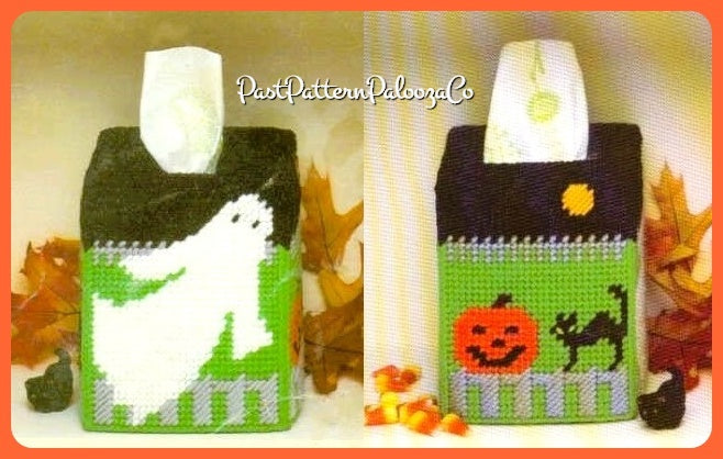 Vintage Plastic Canvas Halloween Tissue Box Cover Pattern Spooky Holiday Tissue Topper PDF Instant Digital Download Ghost Pumpkin Black Cat