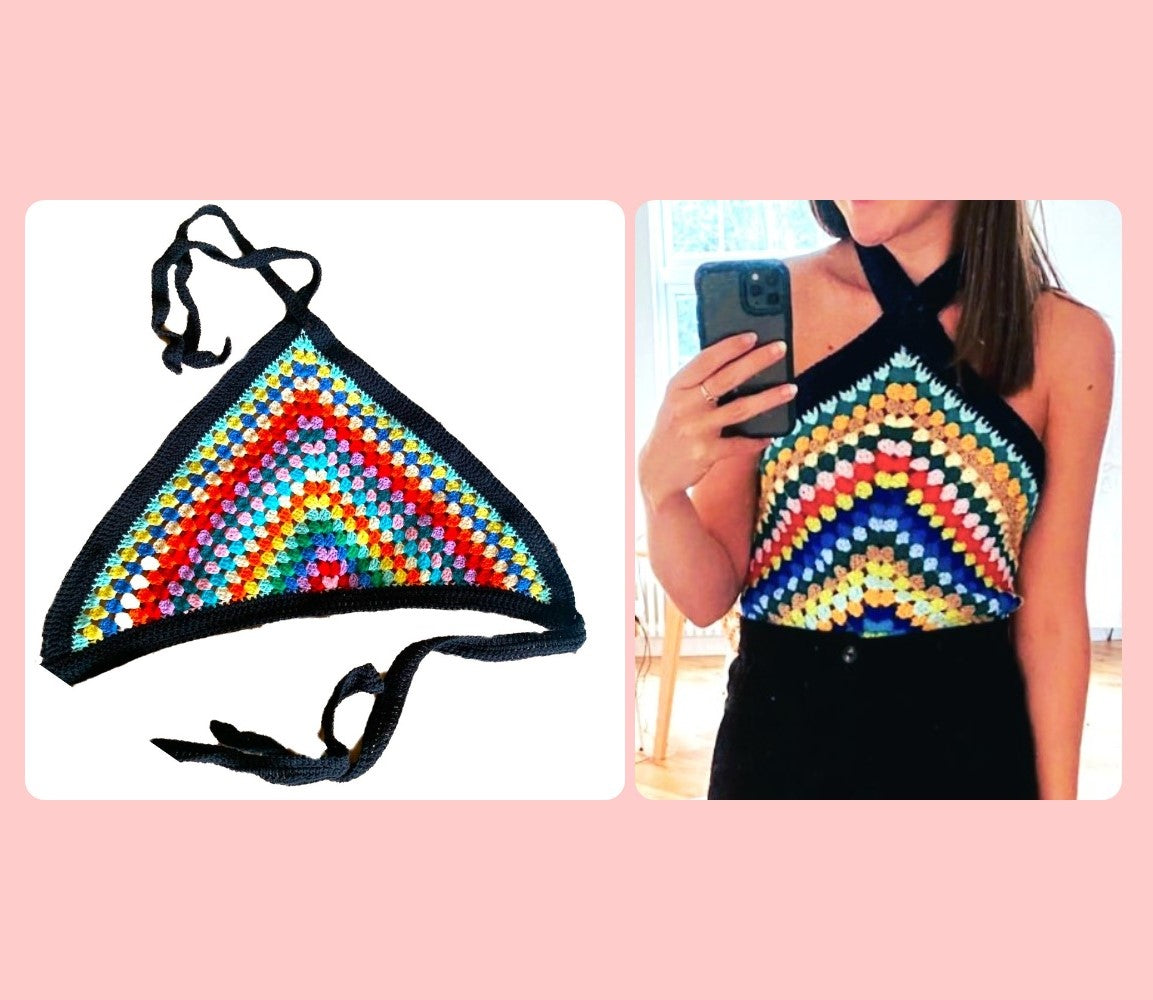 Vintage Crochet Pattern Womens Retro Triangle Halter Neck Top PDF Instant Digital Download Hippie Disco Festival Groovy Boho Summer Rainbow