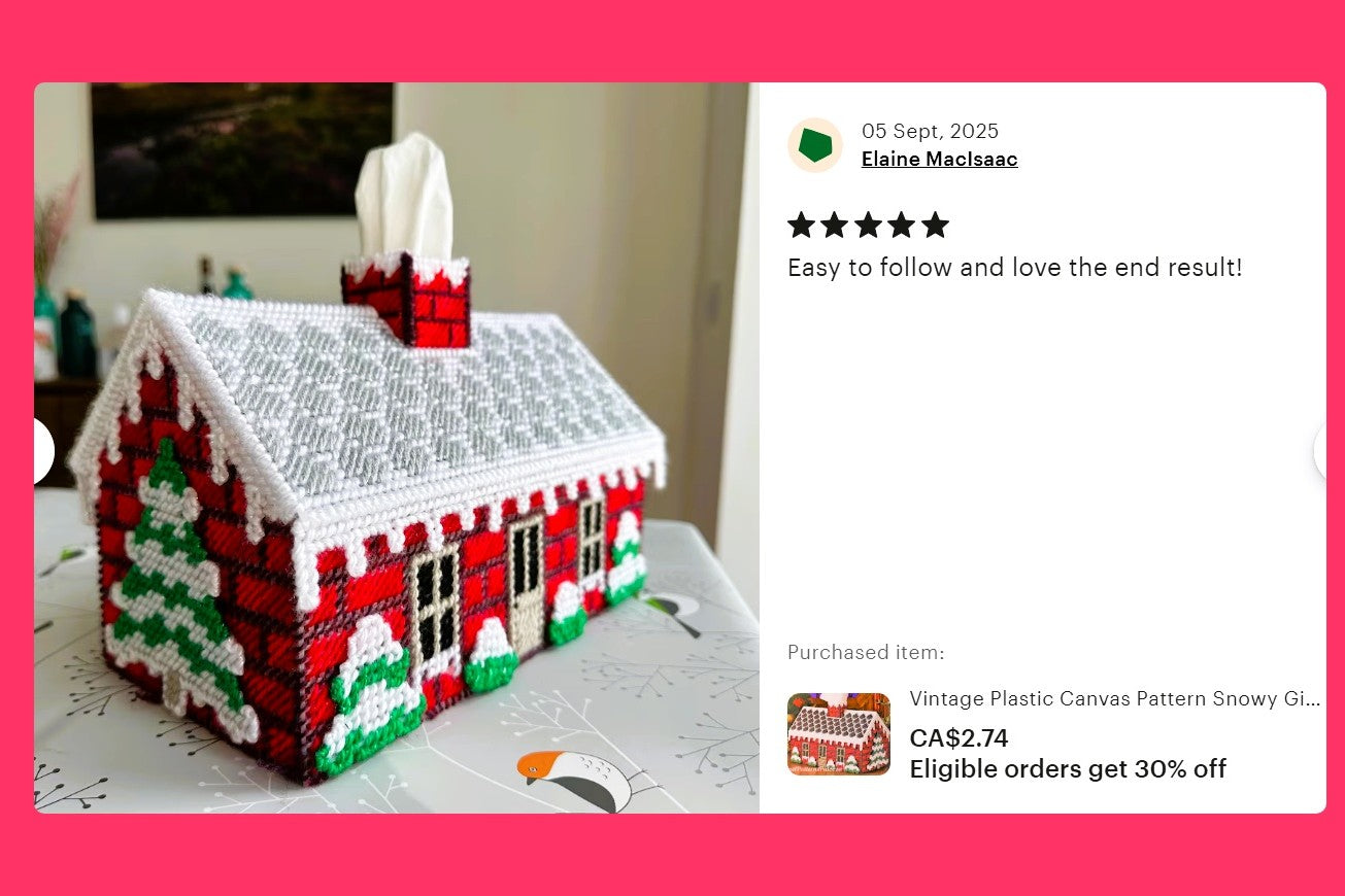 Vintage Plastic Canvas Pattern Snowy Gingerbread Cabin Large Tissue Box Cover Christmas Tissue Topper PDF Instant Digital Download 7 Count