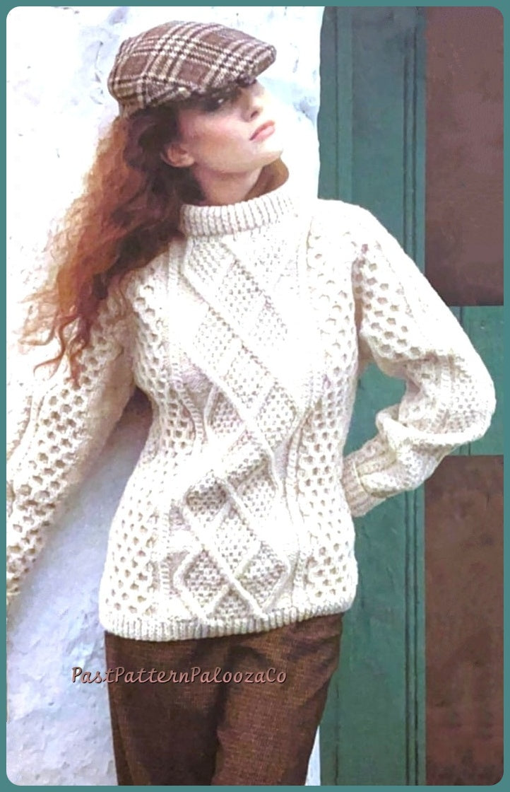 Vintage Knitting Pattern Aran Irish Pullover Sweater PDF Instant Digital Download Trellis Cabled Front Womens Mens