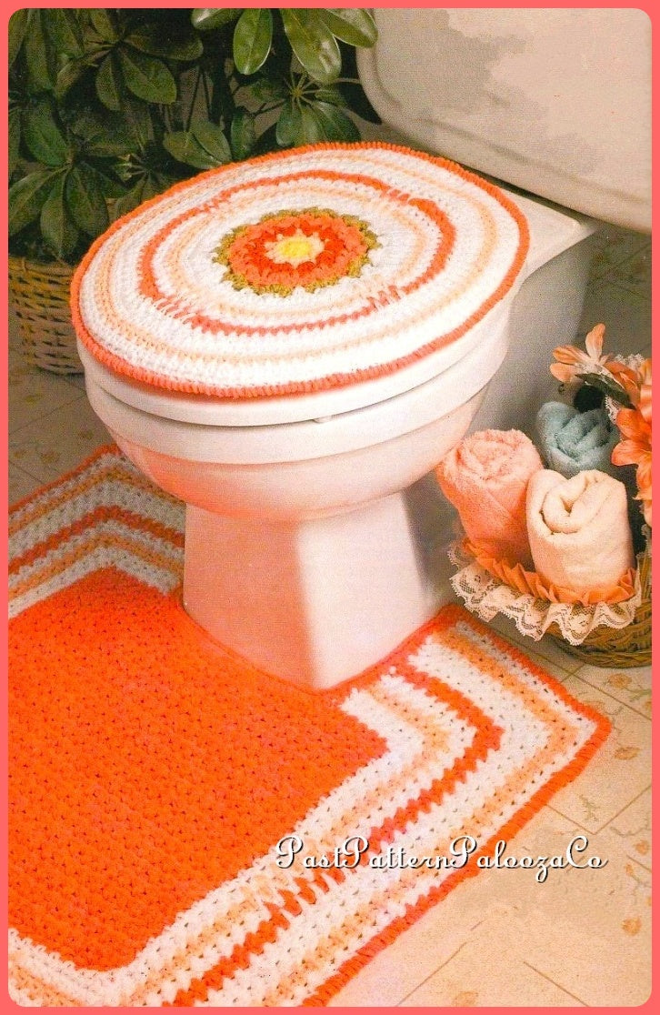 Vintage Crochet Pattern Flower Bathroom Toilet Lid Cover Contour Rug Floor Mat Set PDF Instant Digital Download Classic Floral Stripes