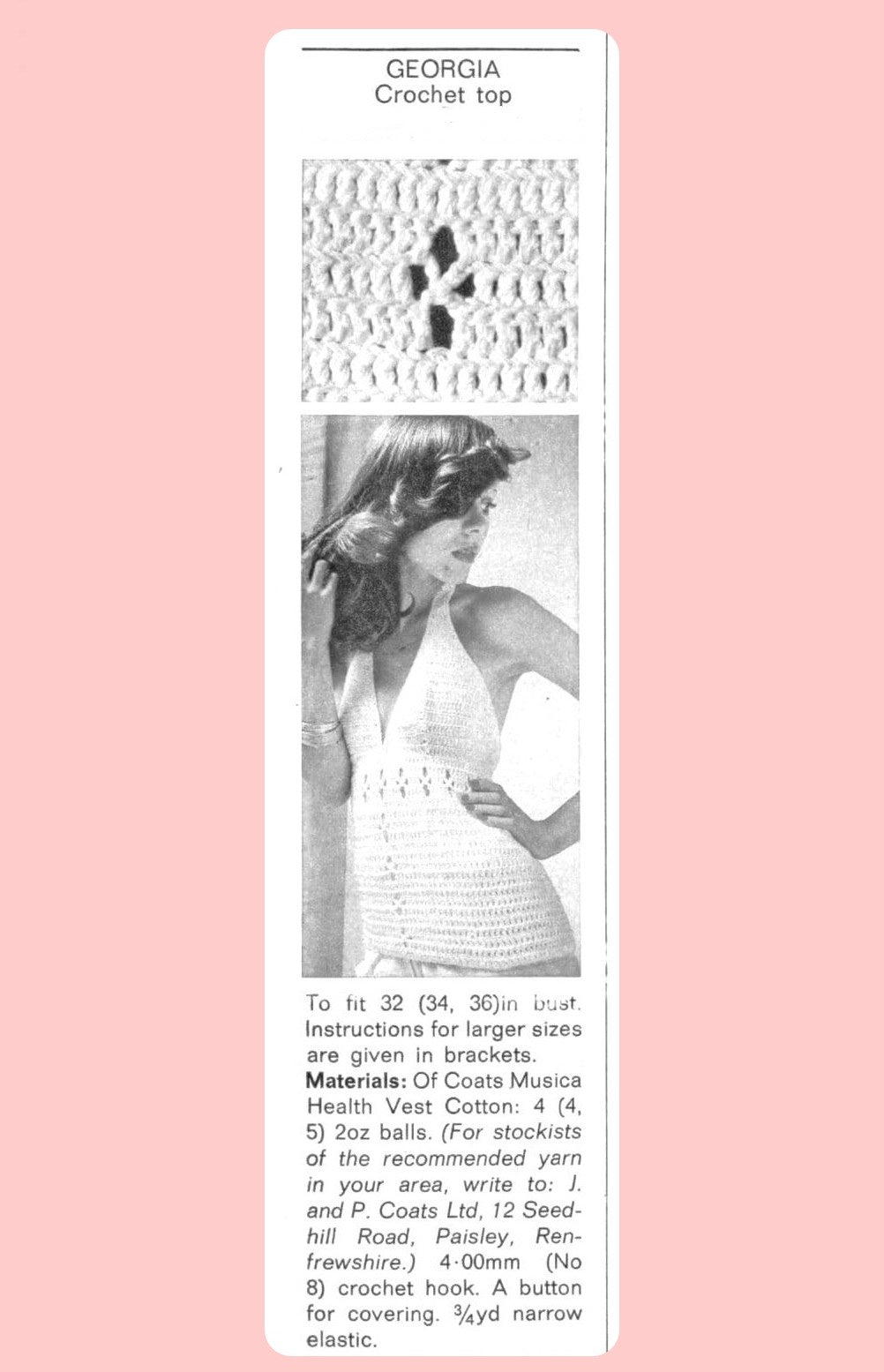 Vintage Crochet Pattern Womens Halter Neck Top PDF Instant Digital Download Retro 70s Boho Cotton Camisole Backless Summer Tank Fitted Bust
