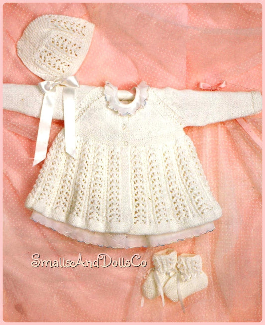 Vintage Knitting Pattern Pretty Baby Girl Lace Matinee Coat Bonnet Booties Set PDF Instant Digital Download 3m - 12m DK