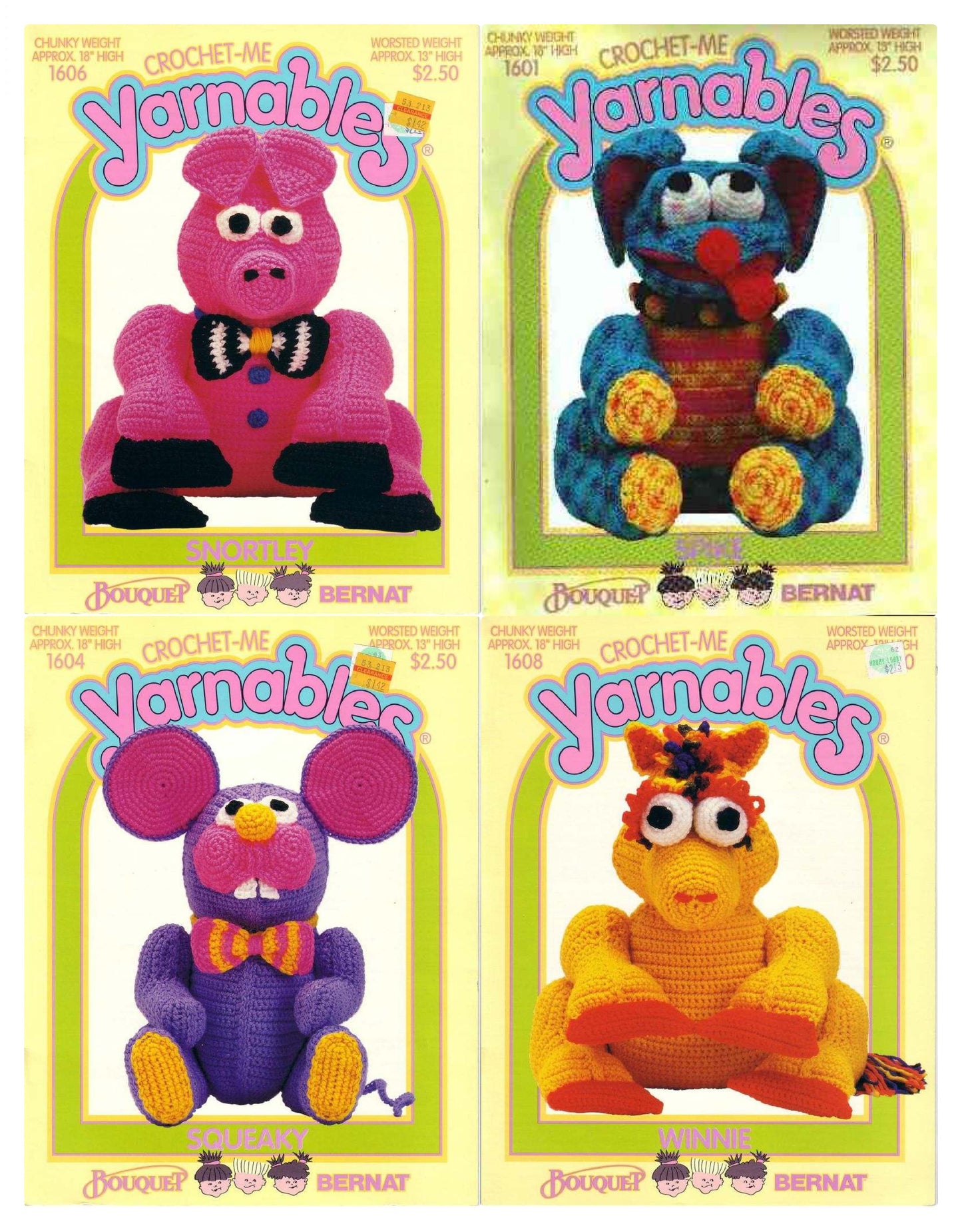 Vintage Crochet Me Yarnables Patterns 16" Cute Amigurumi Doll Creature Critters PDF Instant Digital Download Animal Soft Toys Set of 12
