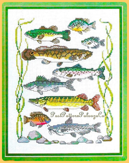 Vintage Fish Sampler Cross Stitch Pattern 9 Freshwater Fish PDF Instant Digital Download Embroidery Fishing Motifs Gift For Angler